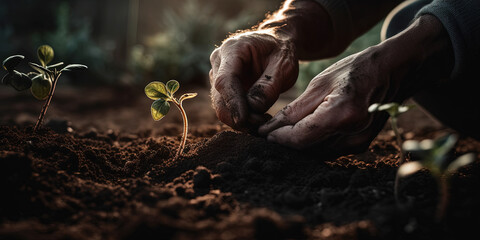 Human hands planting sprouts in greenhouse, concept of farming and planting, panoramic image. Generative Ai