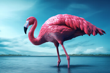 giant pink flamingo, vacation concept. Generative Ai