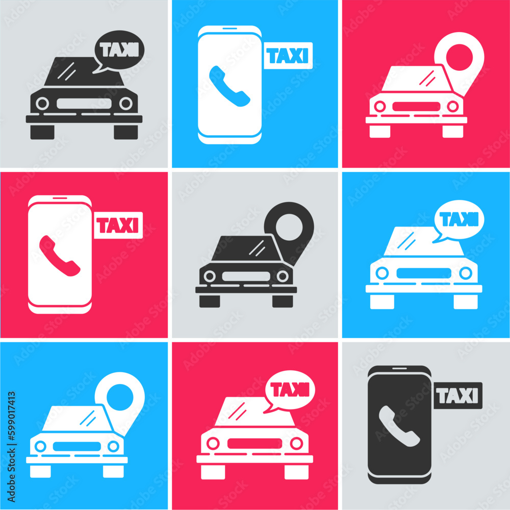 Poster set taxi car, taxi call telephone service and map pointer with taxi icon. vector