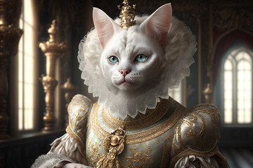 A regal white cat in a crown and dress seated on a throne in a grand room.Generative AI