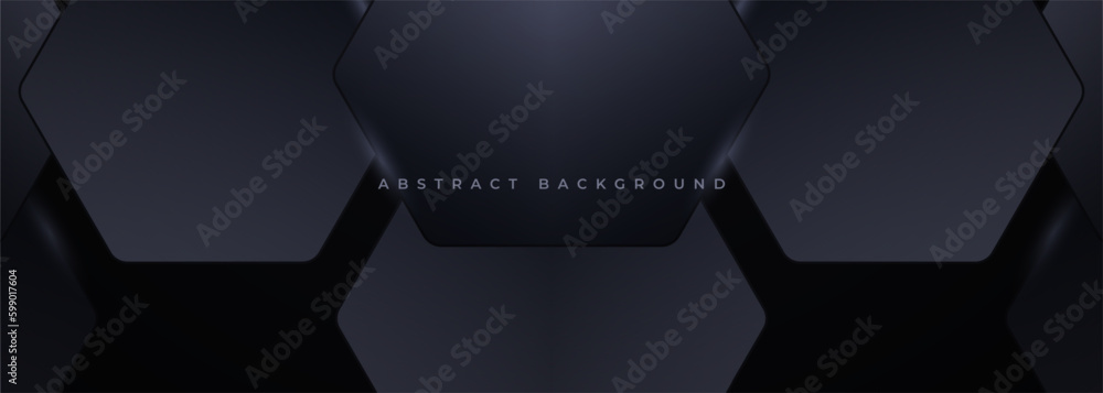 Poster Black 3D vector hexagonal technology wide abstract background. Abstract modern technology futuristic background with black 3D honeycomb shapes. Vector illustration Generative AI