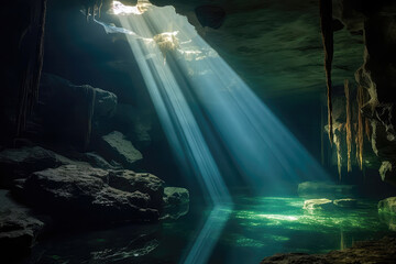 Mysterious Underwater Cave With Shafts Of Light Illuminating. Generative AI