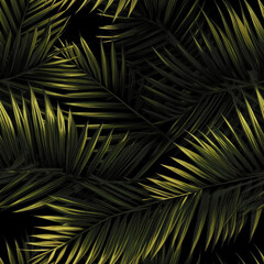 Palm Leaves On Black Background. Seamless Background. Generative AI
