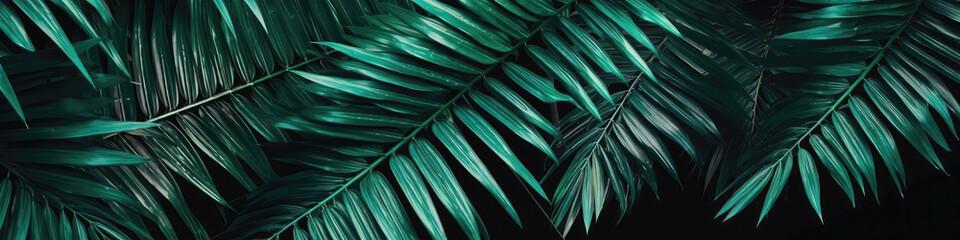 Obraz na płótnie Canvas Palm Leaves On Green Background. Panoramic Banner. Generative AI