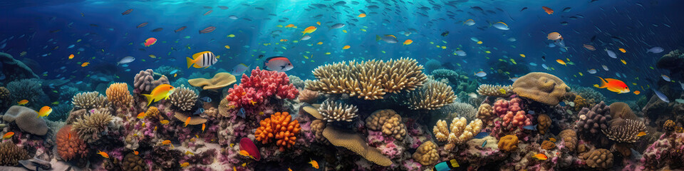 Fototapeta na wymiar Colorful Coral Reef With Schools Of Tropical Fish. Panoramic Banner. Generative AI