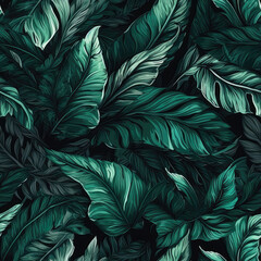 Tropical Green Leaves On Black Background. Seamless Background. Generative AI