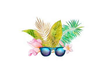 watercolor illustration of sunglasses .tropical flowers, palm tree branch, on a white background