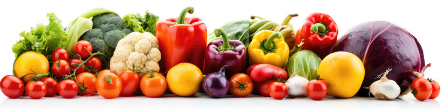 Different Beautiful Vegetables On White Background. Panoramic Banner. Generative AI