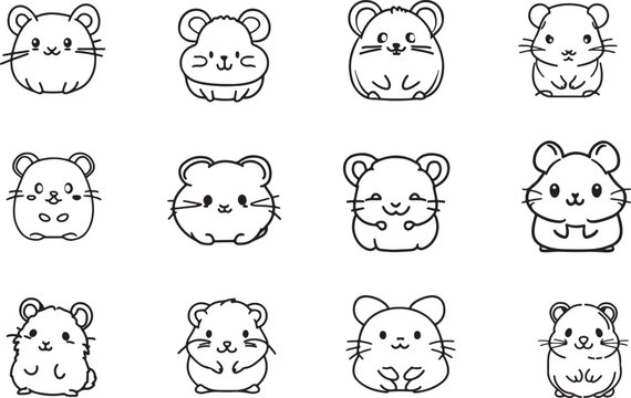 Set of Cute Small Hamster Line Art Vector 