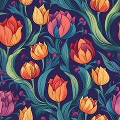 Generative AI Bright and Colorful Tulip Seamless Pattern