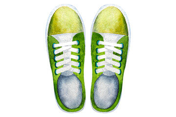 Watercolor illustration of stylish sneakers with a green insert. Watercolor drawing of a tourist's shoes
