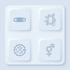 Set line Medical protective mask, Bar of soap, Virus and Gender. White square button. Vector