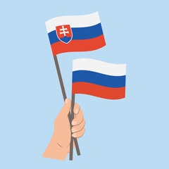 Flags of Slovakia and Russia, Hand Holding flags