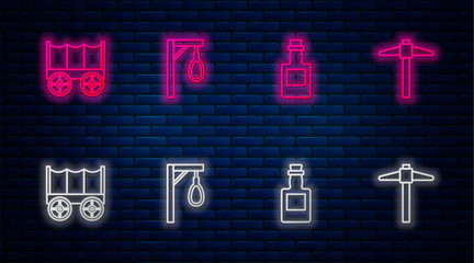 Set line Gallows, Tequila bottle, Wild west covered wagon and Pickaxe. Glowing neon icon on brick wall. Vector