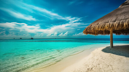 Fototapeta na wymiar Sandy beach overlooking turquoise ocean. Generative AI illustration