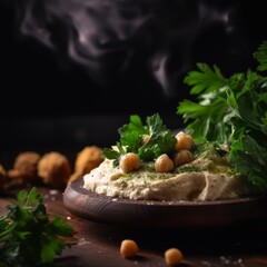 hummus garnished with chickpeas and fresh parsley
