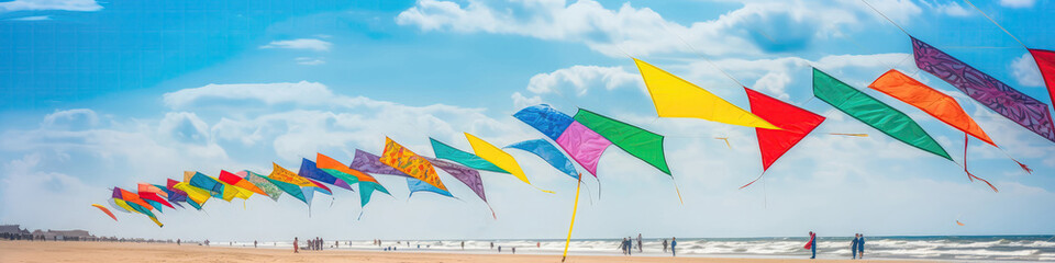 Colorful Kites Flying On Beach Summer Sky High Activity. Generative AI