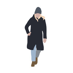 A woman walks down the street in spring clothes. 2D image for use as an entourage. Vector flat city infographics.