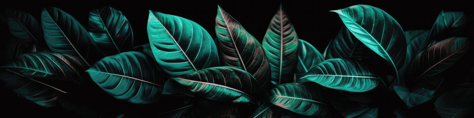 Blue And Green Tropical Leaves Summer Foliage Closeup. Panoramic Banner. Generative AI