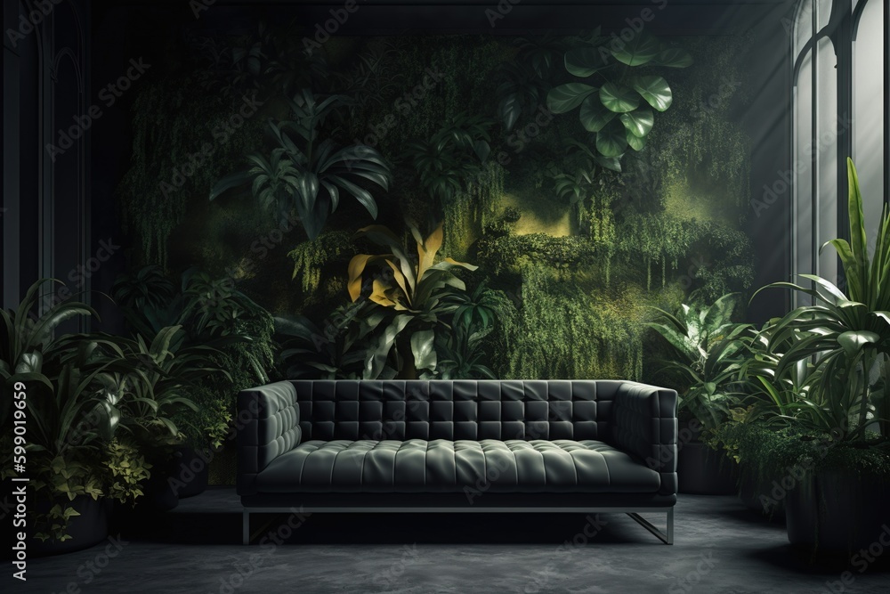 Poster a sofa placed next to several potted plants in front of a window. generative ai