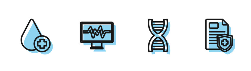 Set line DNA symbol, Donate drop blood, Monitor with cardiogram and Patient record icon. Vector