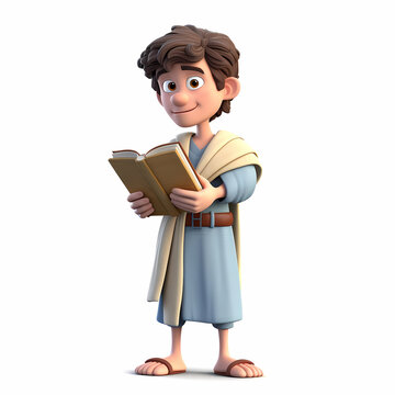 Happy 3d cartoon male character from the Old Testament holding a book.