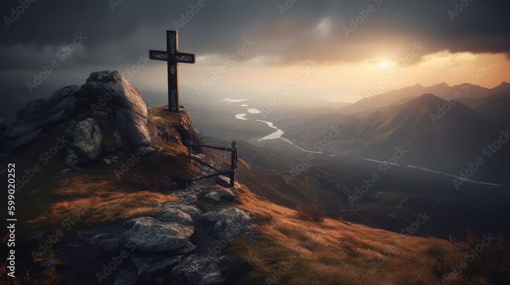 Aufkleber a crucifix perched on the summit of a mountain with a view of a river generative ai