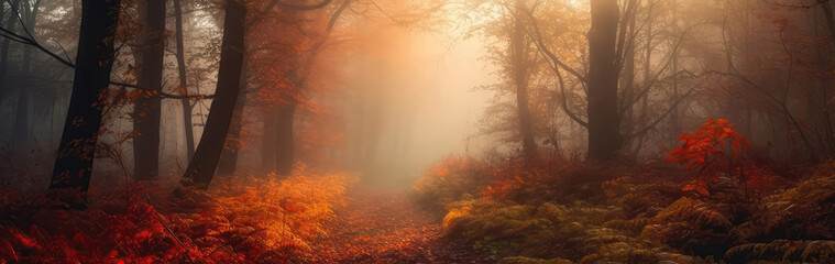 Obraz premium Hazy Sunrise In Forest With Red And Yellow Leaves Dreamy Autumnal Landscape. Panoramic Banner. Generative AI