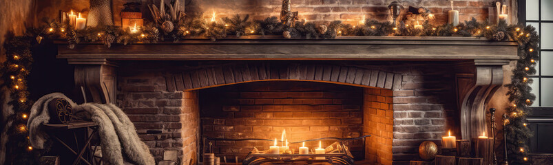 Cozy Fireplace With Christmas Decorations Festive Winter Setting. Panoramic Banner. Generative AI