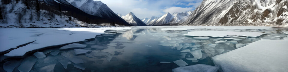 Icy Lake Surrounded By Snowcovered Mountains Wintry Waterscape. Panoramic Banner. Generative AI