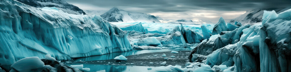 Fototapeta na wymiar Icy Blue Glacier In The Winter Winter Glacier Landscape. Panoramic Banner. Generative AI
