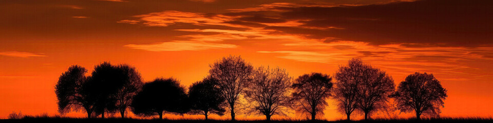 Obraz na płótnie Canvas Warm Autumn Sunset With Silhouetted Trees Fiery Autumn Sky. Panoramic Banner. Generative AI