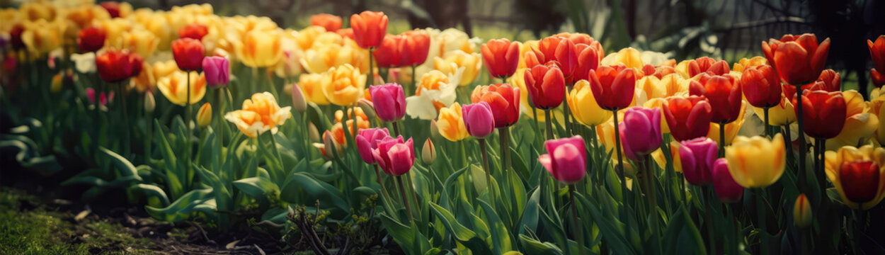 Colorful Tulips In Garden Bed Spring Flower Display. Panoramic Banner. Generative AI