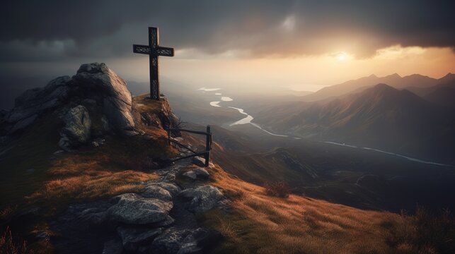 a crucifix perched on the summit of a mountain with a view of a river Generative AI
