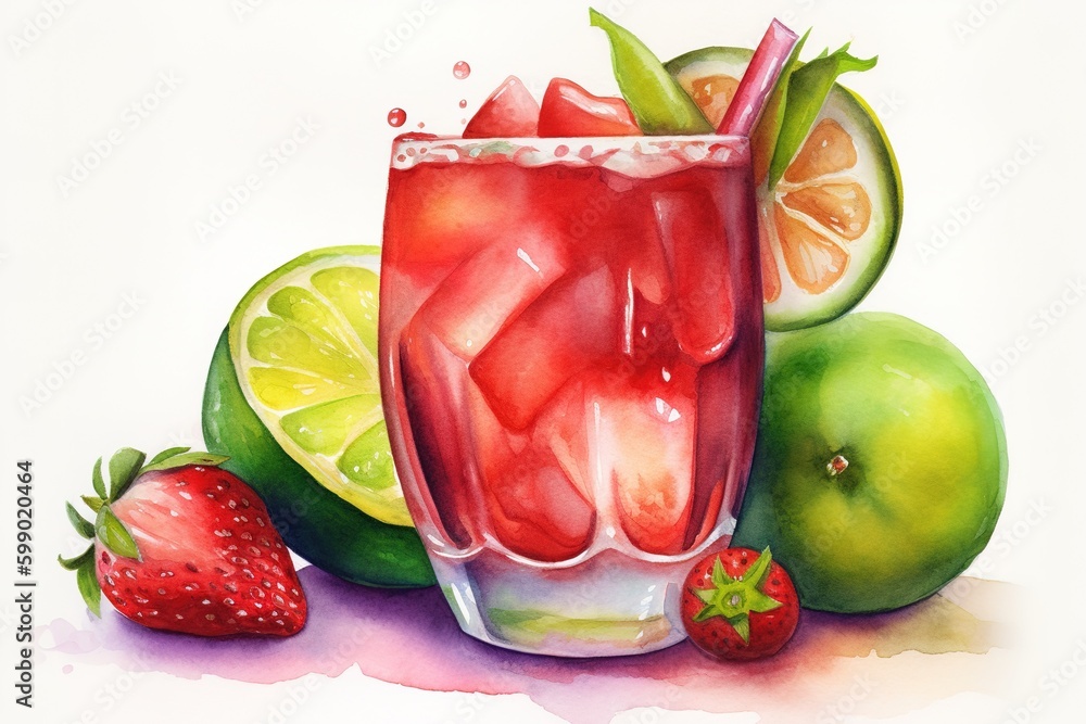 Poster a digital artwork depicting a beverage with limes and strawberries in it generative ai
