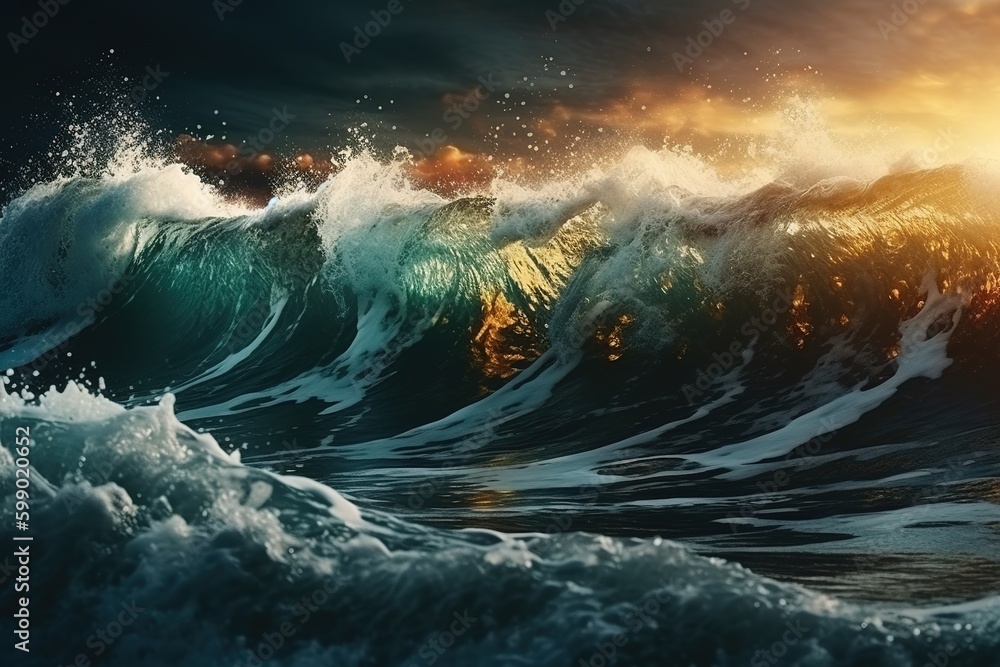 Poster an image depicting a large wave crashing on the shore generative ai