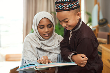 My mother is my root, my foundation. a young muslim mother spending time with her son at home.