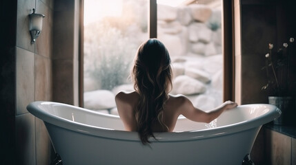 Back View of beautiful Woman Enjoying Bathtub Time - Generative Ai