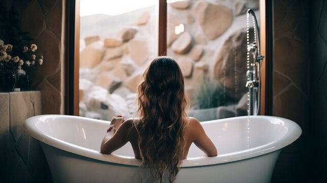 Bathtub Retreat: Back View of Woman in Tranquil Setting - Generative Ai
