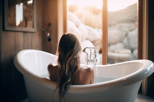 Back View of beautiful Woman Enjoying Bathtub Time - Generative Ai