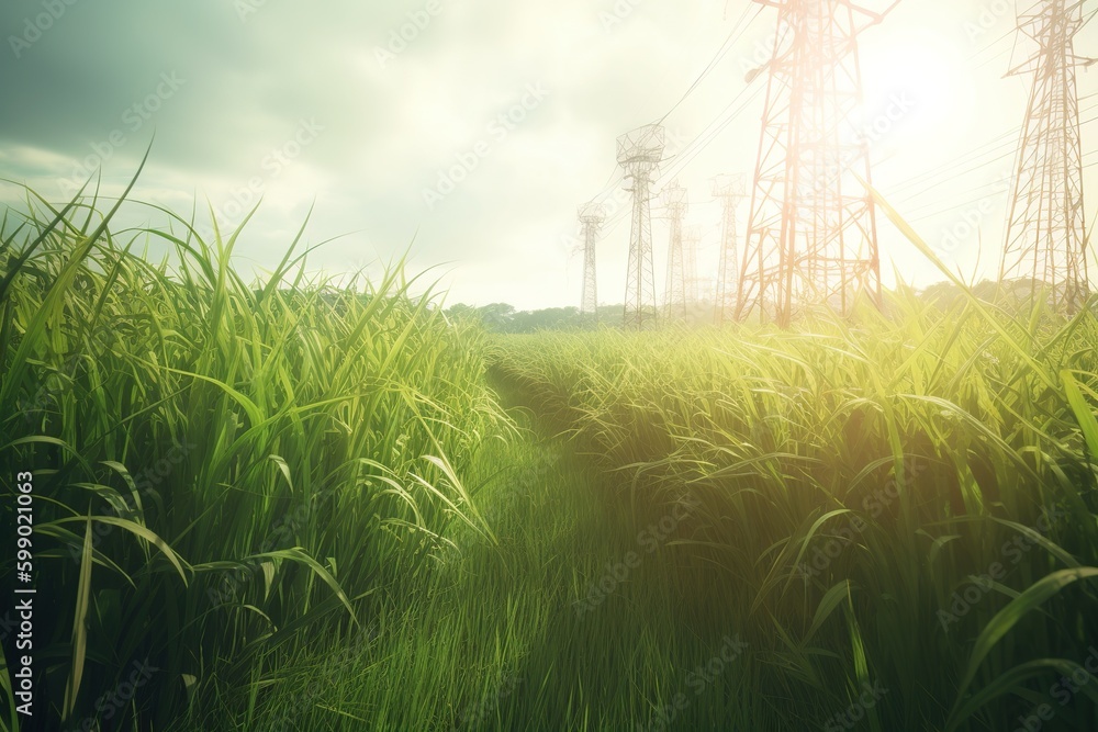 Poster a meadow covered with long grass, with power wires visible in the distance generative ai