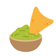 Nachos with guacamole. Traditional Mexican food. Corn tortilla chips and avocado sauce. Hand-drawn colored flat vector illustration isolated on white background.