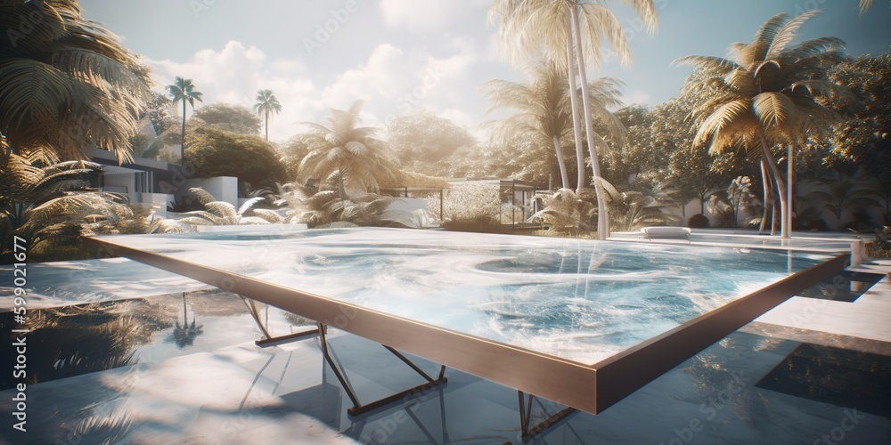 Poster a tropical environment with a swimming pool encircled by palm trees generative ai