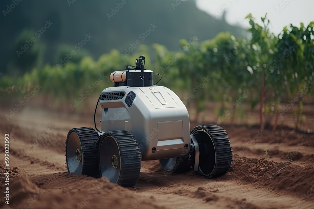 Poster unmanned automatic robot working in agricultural field. smart futuristic technologies in agriculture