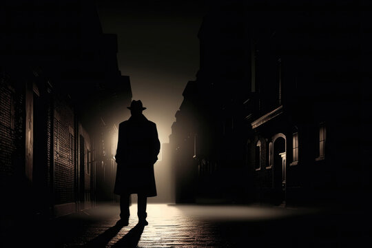 Silhouette of a man in a hat and coat on a night street. Gangster, mafia or old fashioned detective on mission. Noir style. Created with Generative AI