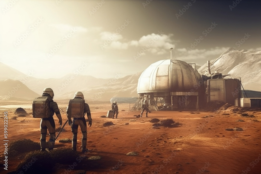 Wall mural astronauts wearing space suits walking on red planet, standing near base for colonization. martian c