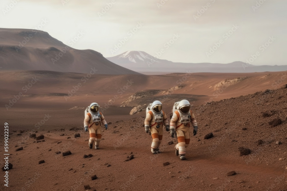 Poster astronauts wearing space suits walking on red planet. martian colony. mars colonization. created wit