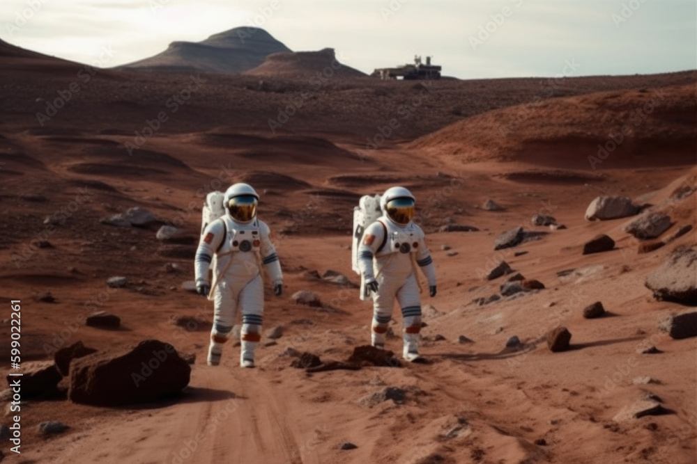 Wall mural astronauts wearing space suits walking on red planet. martian colony. mars colonization. created wit