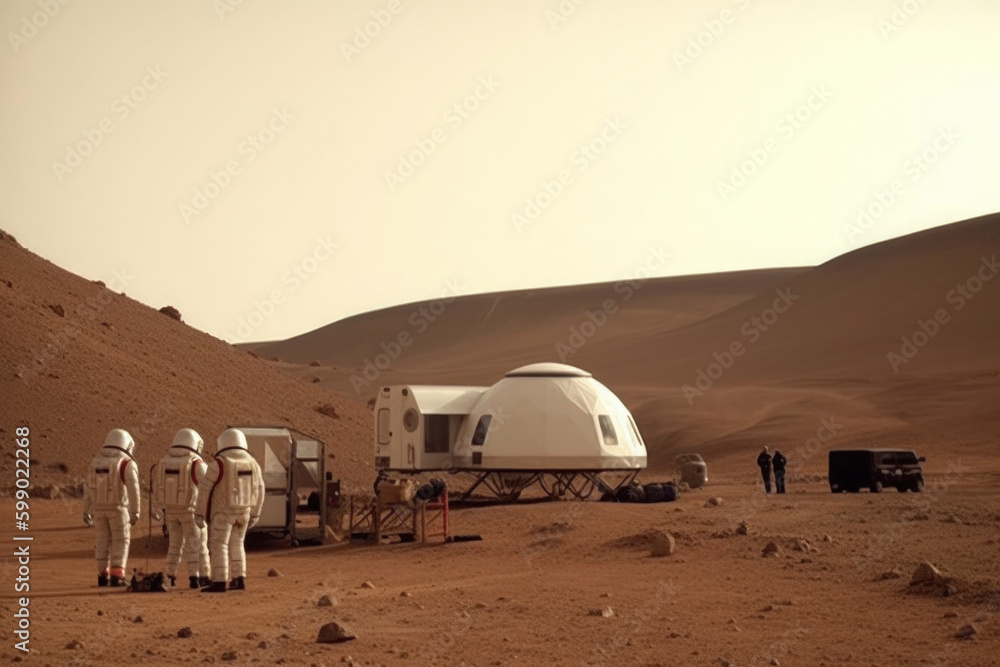 Wall mural astronauts wearing space suits walking on red planet, standing near base for colonization. martian c