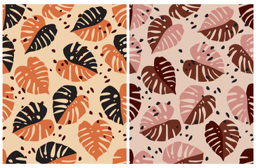 Modern Mostera Leaves Seamless Vector Pattern. Simple Tropical Leaves Design for Textile, Wrapping Paper. Simple Jungle Print with Hand Drawn Palm Leaves on a Beige and Light Dusty Pink Background.